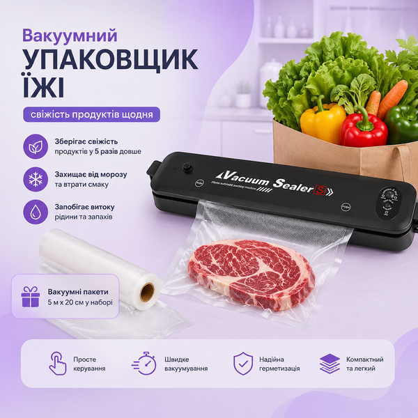 Вакуумний пакувальник їжі Vacuum Sealer + Вакуумні пакети 5 м х 20 см/Битовий вакууматор для продуктів 15 фото