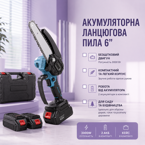 Пила на аккумуляторе, цепная, 6-дюймовая, с 2 аккумуляторами 1 фото
