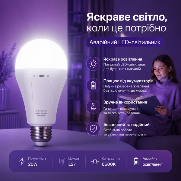 20W Led Bulb 2-АКБ Аварійне освітлення 10 годин 5 фото