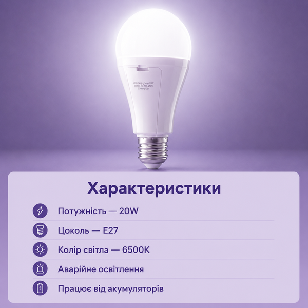 20W Led Bulb 2-АКБ Аварійне освітлення 10 годин 5 фото