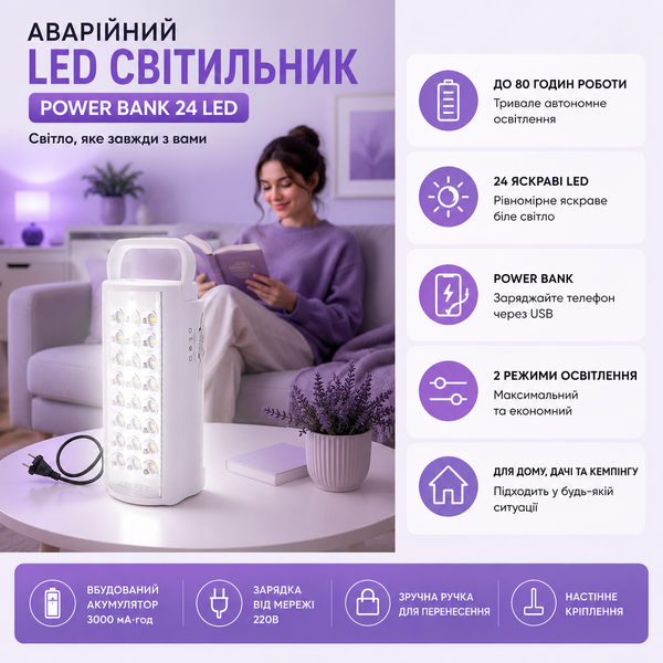 Аварійний ліхтар повербанк 24LED, 80годин роботи 7 фото